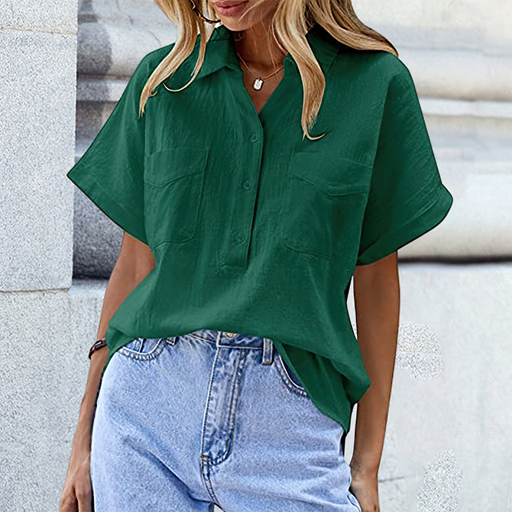 New Short Sleeve Solid Color Double Pocket Loose Cotton Linen Shirt