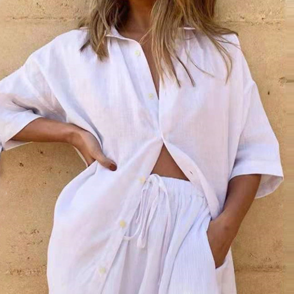 Ladies Linen Shirt Shorts Set