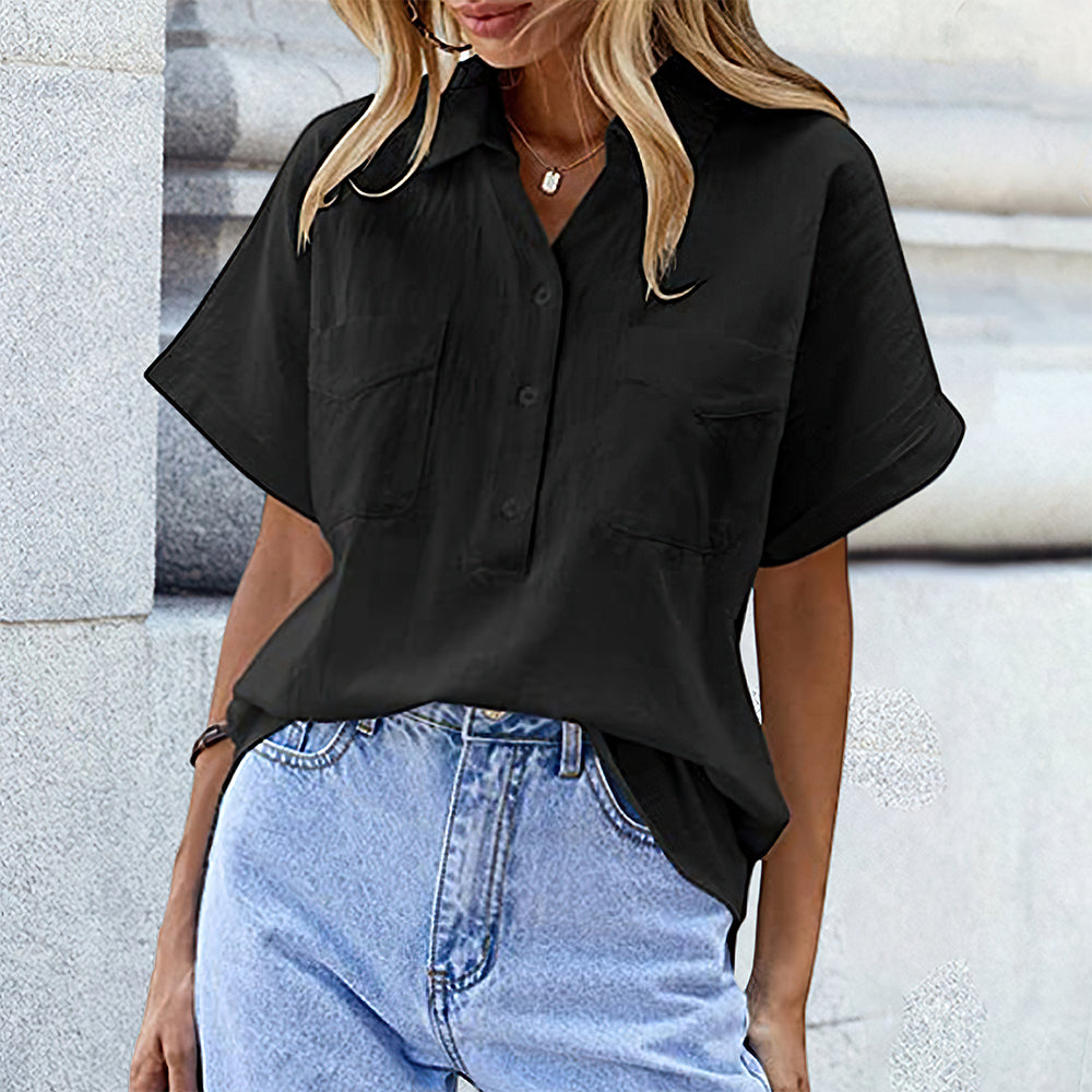 New Short Sleeve Solid Color Double Pocket Loose Cotton Linen Shirt