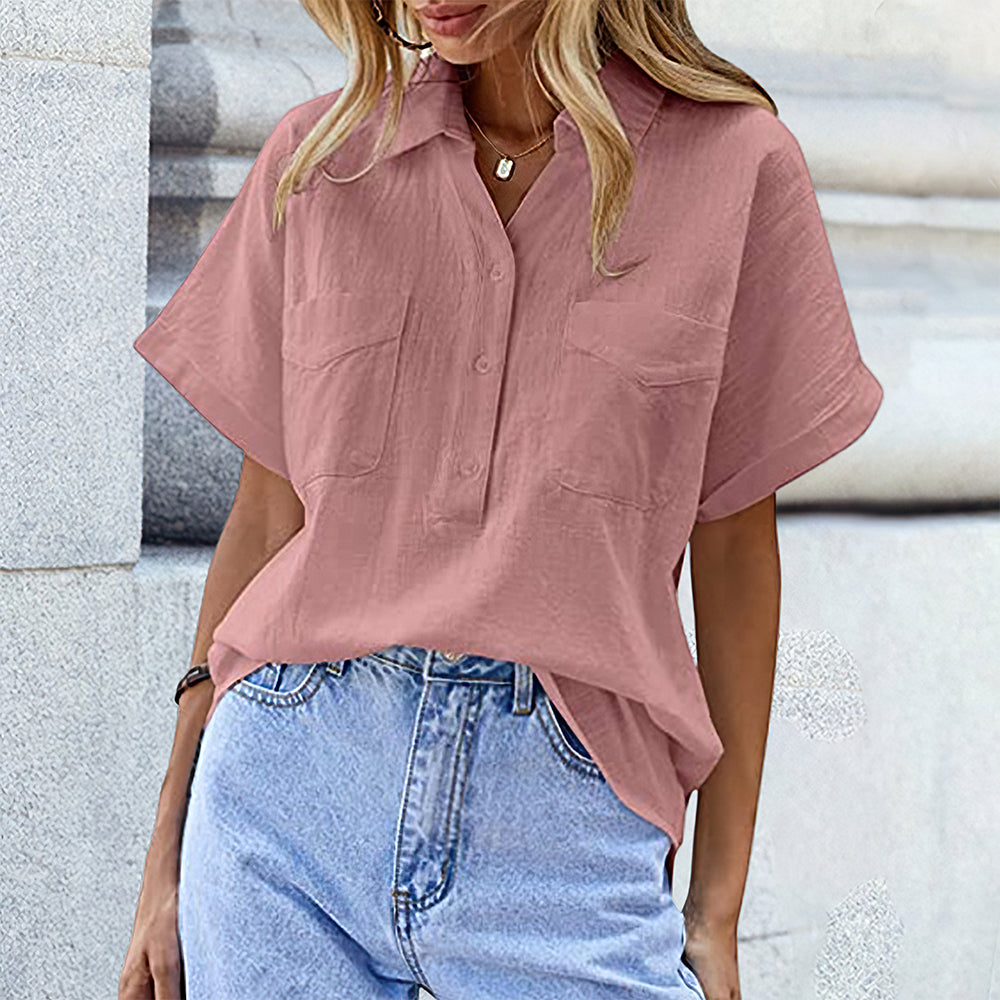 New Short Sleeve Solid Color Double Pocket Loose Cotton Linen Shirt