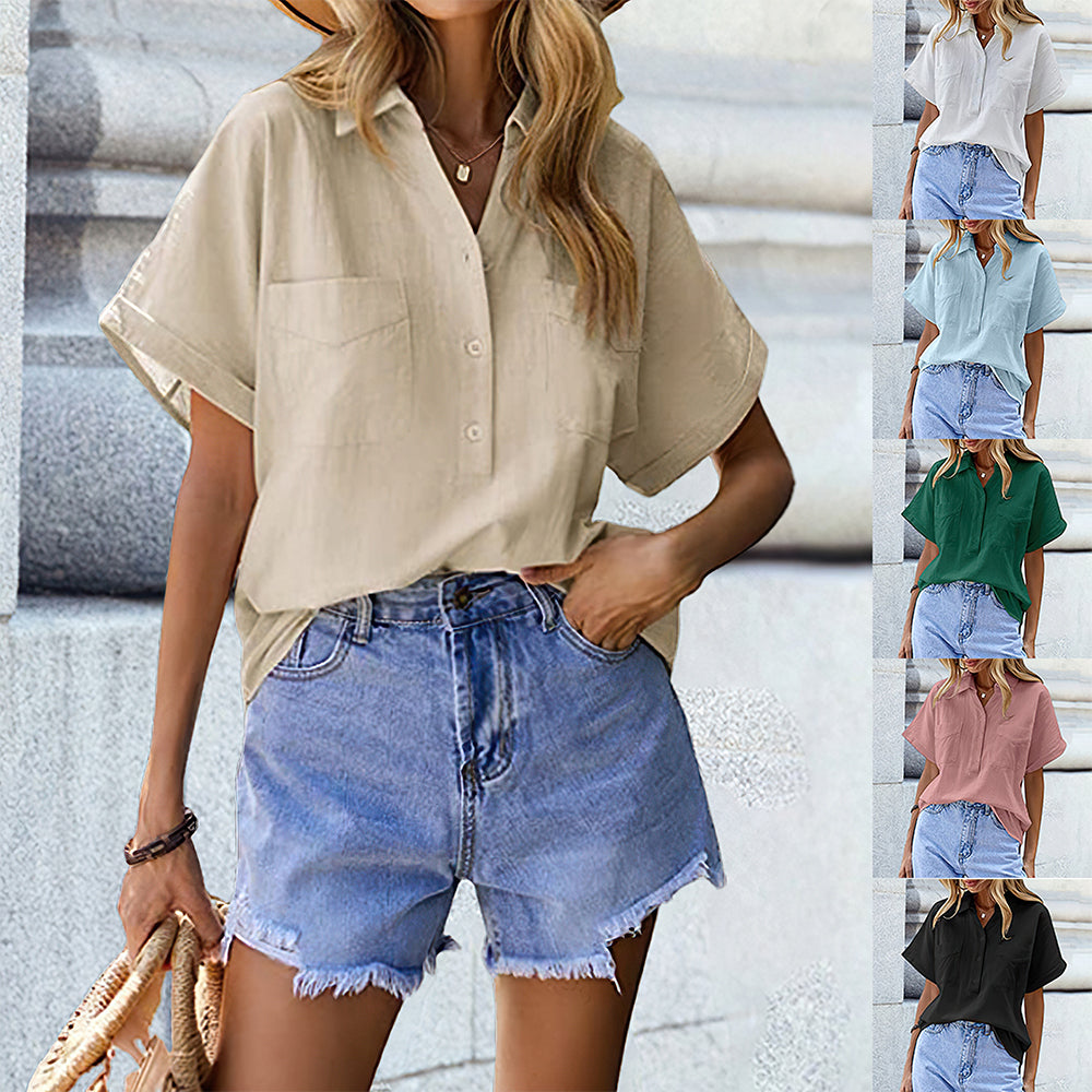 New Short Sleeve Solid Color Double Pocket Loose Cotton Linen Shirt