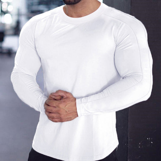 Men's Solid Colour Round Neck Long Sleeve Muscle Stretch T-Shirt