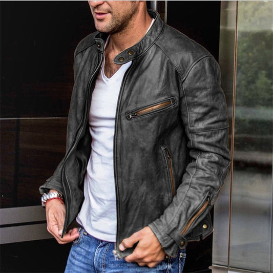 Men's Solid Colour Stand-Up Collar Leather Racer Jacket