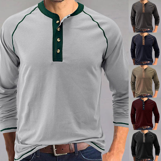 2022 Autumn Winter Men's Casual Colour Contrasting Button Round Neck Long Sleeve T-Shirt