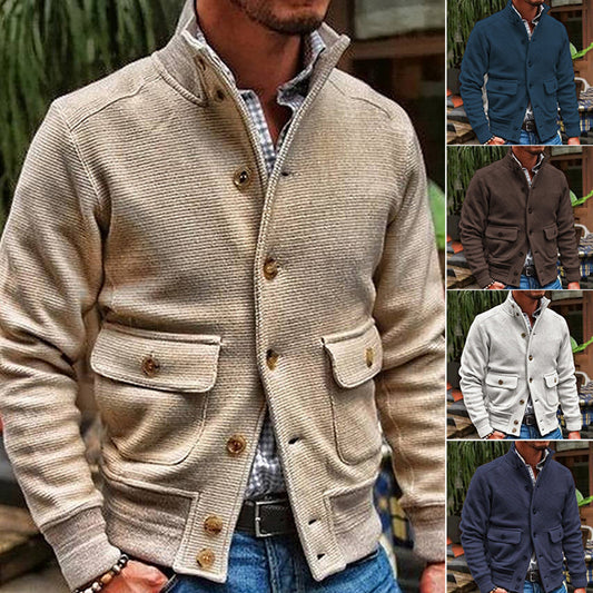 Men's Solid Color Casual Stand Collar Double Pocket Button Jacket