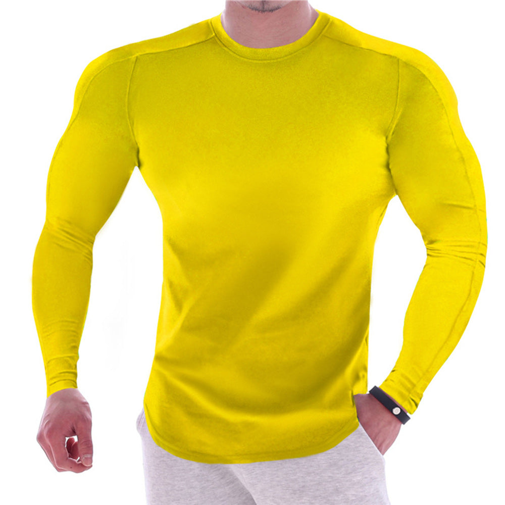 Men's Solid Colour Round Neck Long Sleeve Muscle Stretch T-Shirt