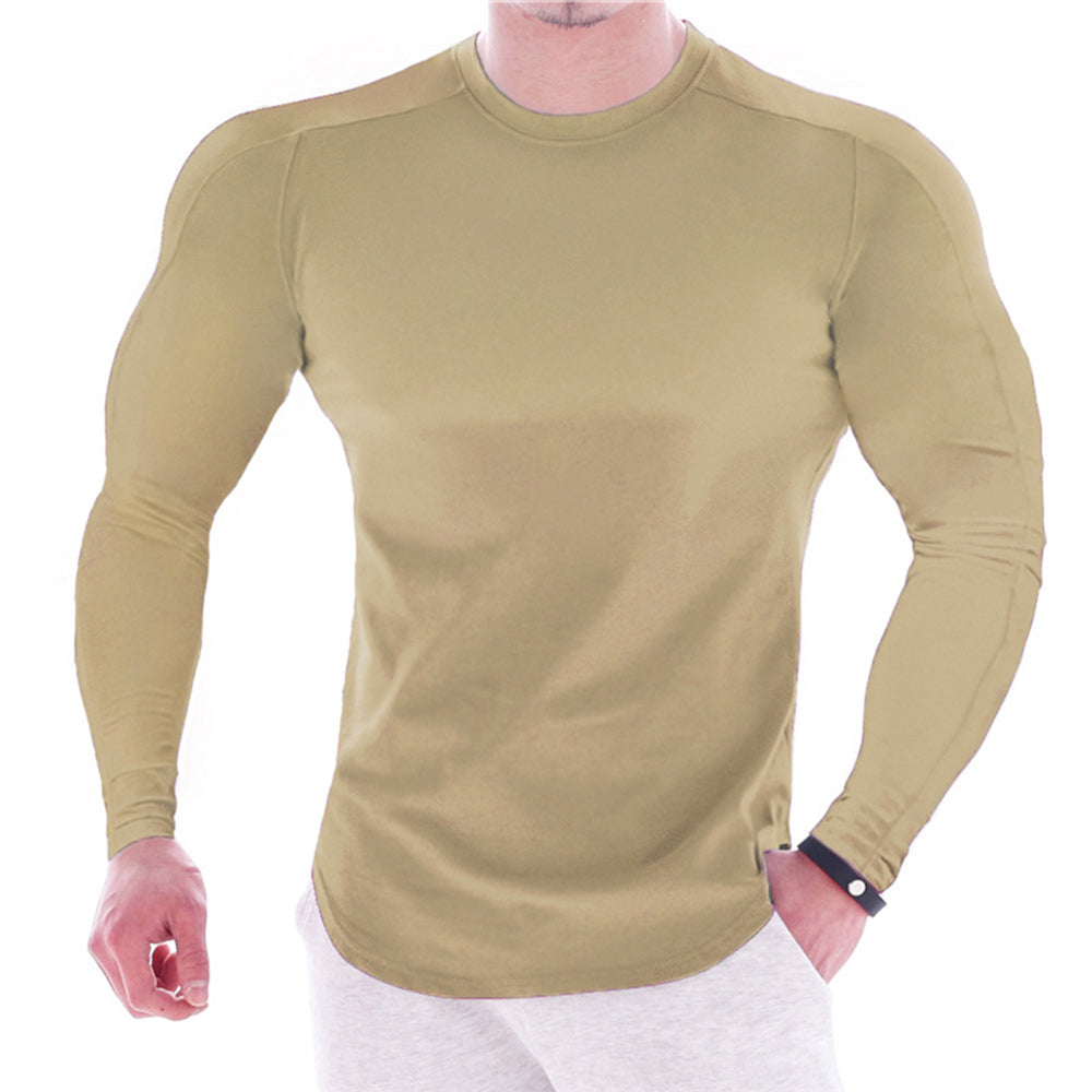 Men's Solid Colour Round Neck Long Sleeve Muscle Stretch T-Shirt