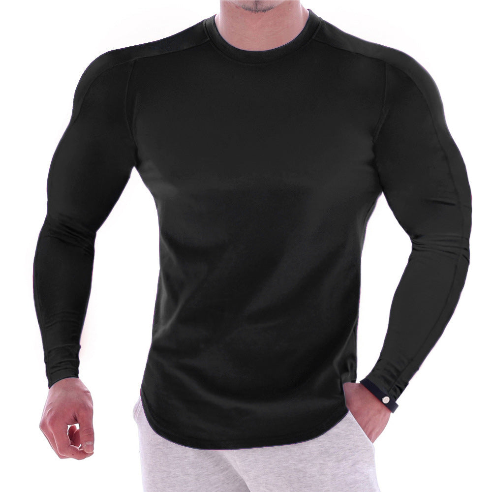 Men's Solid Colour Round Neck Long Sleeve Muscle Stretch T-Shirt