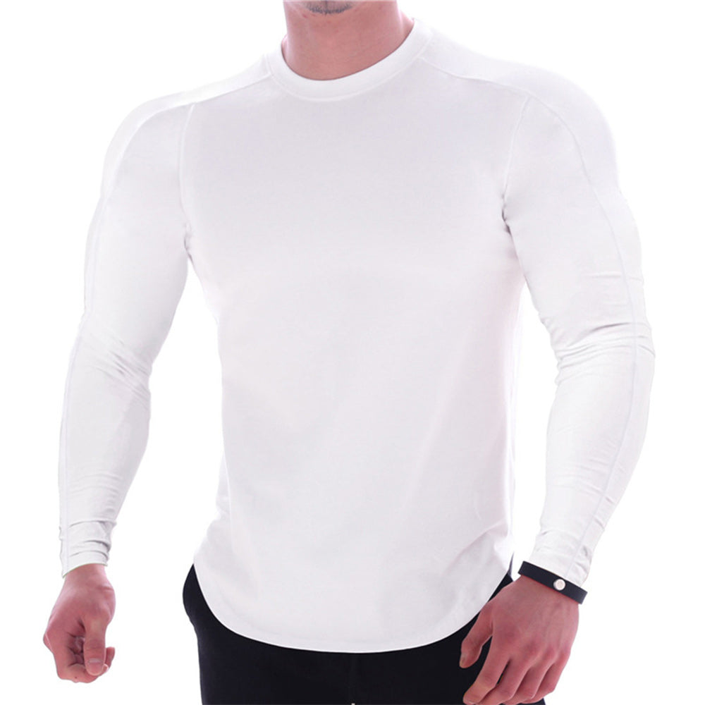 Men's Solid Colour Round Neck Long Sleeve Muscle Stretch T-Shirt