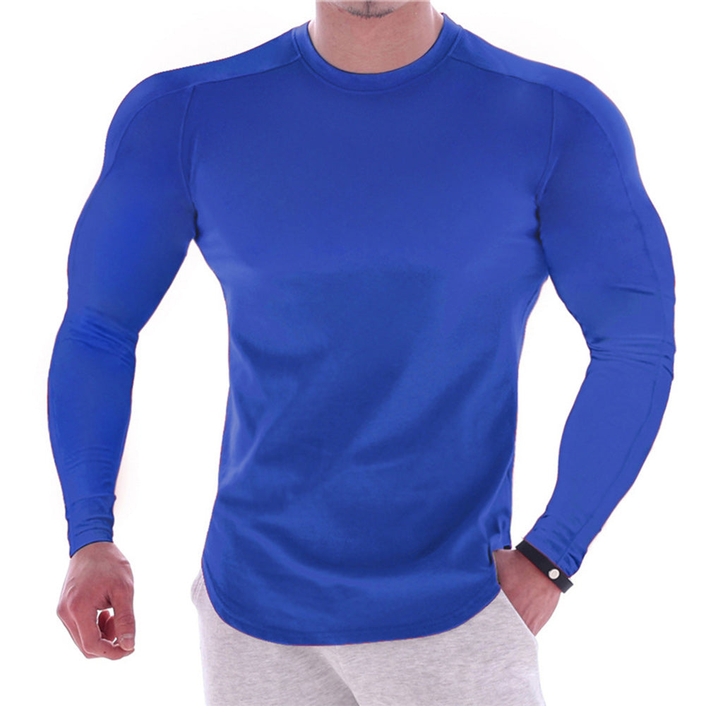 Men's Solid Colour Round Neck Long Sleeve Muscle Stretch T-Shirt