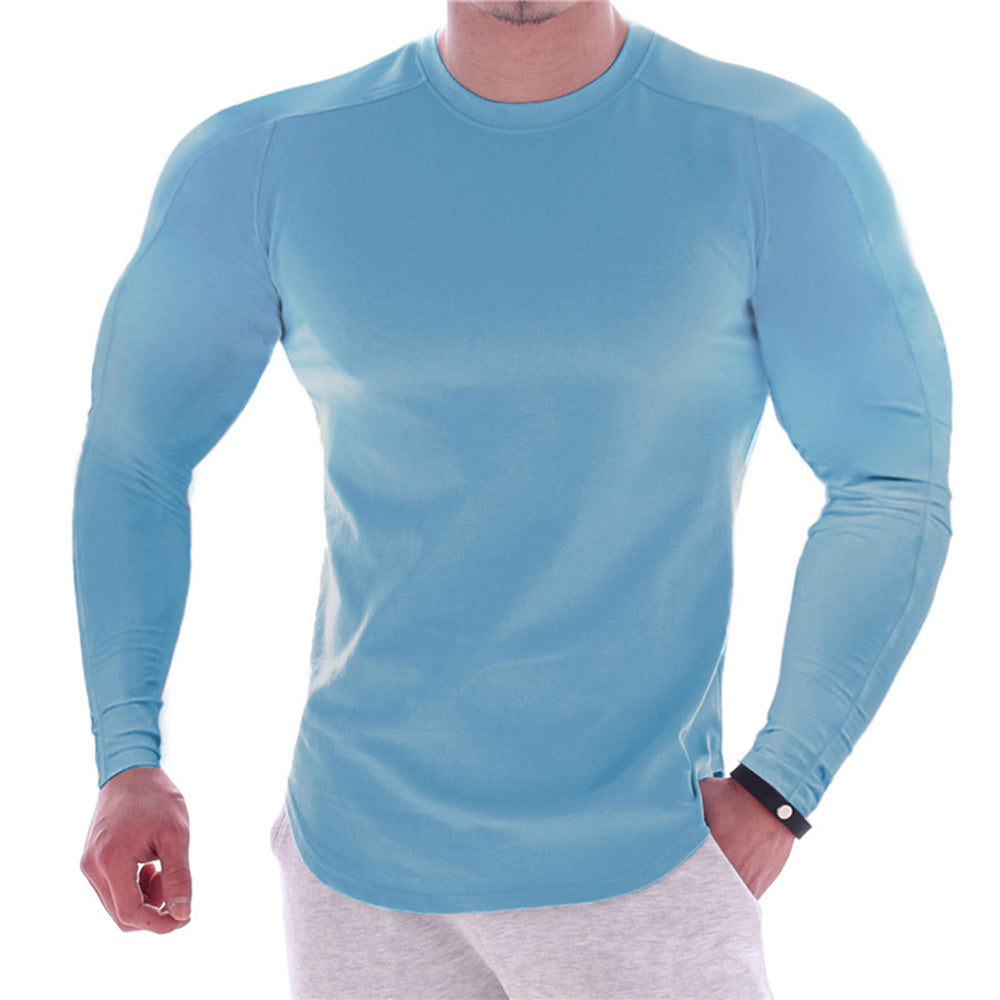 Men's Solid Colour Round Neck Long Sleeve Muscle Stretch T-Shirt