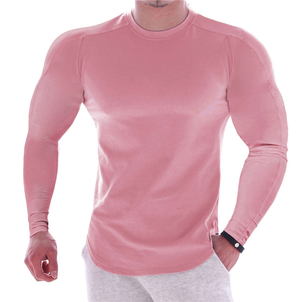 Men's Solid Colour Round Neck Long Sleeve Muscle Stretch T-Shirt