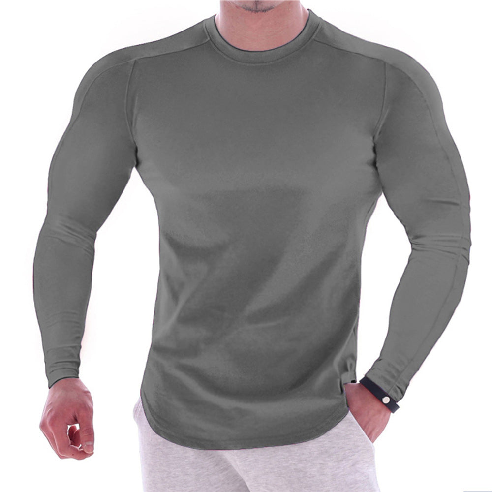 Men's Solid Colour Round Neck Long Sleeve Muscle Stretch T-Shirt