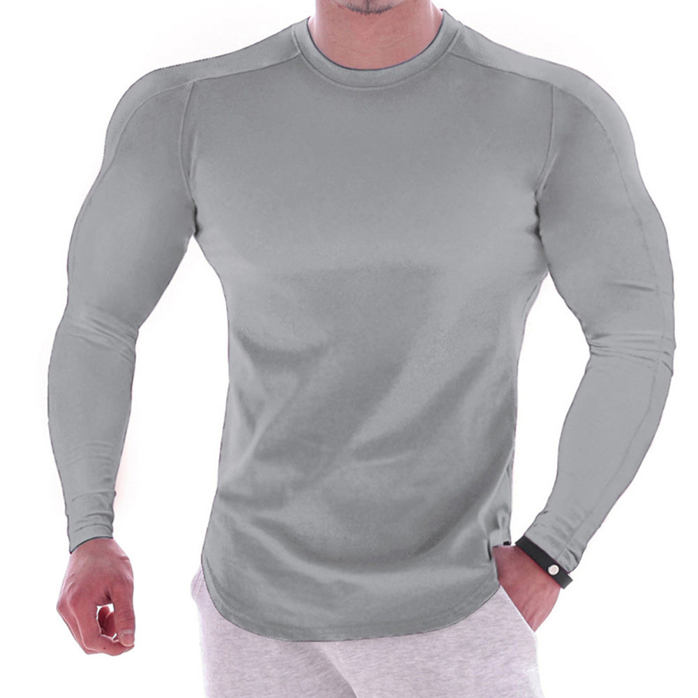 Men's Solid Colour Round Neck Long Sleeve Muscle Stretch T-Shirt