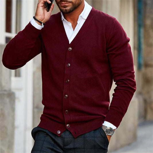 Men's Solid Colour V-Neck Button Down Knitted Cardigan